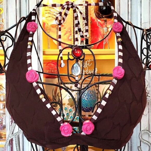 Vintage Betsey Johnson Bikini Pink 3D Rose Brown Hearts Fabric Swimsuit Size L M - Picture 7 of 14